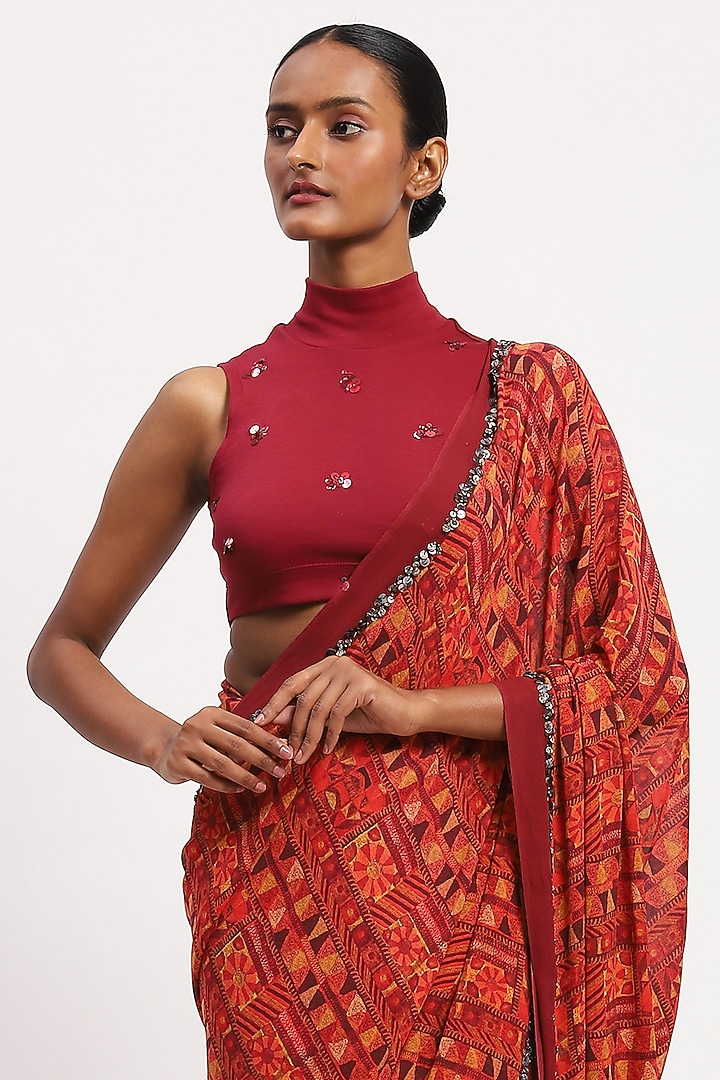 Multi-Colored Fine Silk Georgette Printed & Embellished Wedding Saree by Abraham & Thakore at Pernia's Pop Up Shop