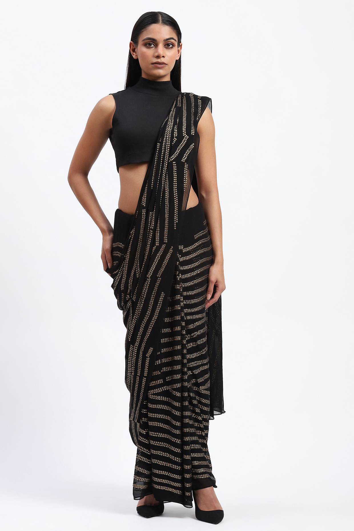 Black Georgette Metallic Sequins Embroidered Wedding Saree by Abraham & Thakore at Pernia's Pop Up Shop