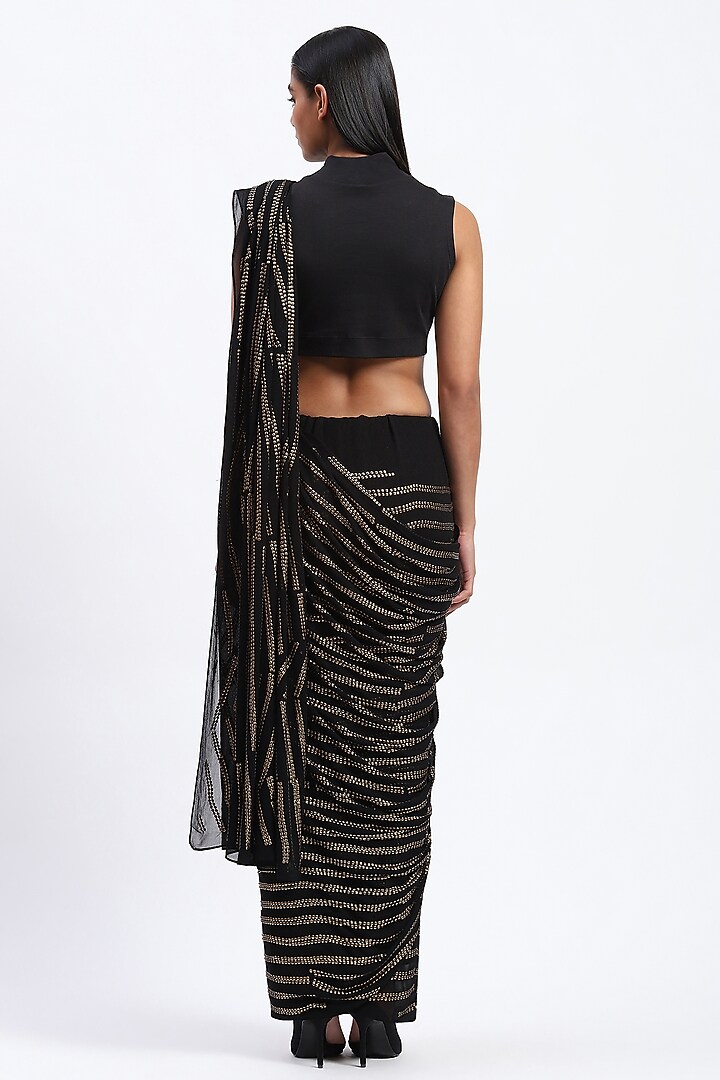 Black Georgette Metallic Sequins Embroidered Wedding Saree by Abraham & Thakore at Pernia's Pop Up Shop