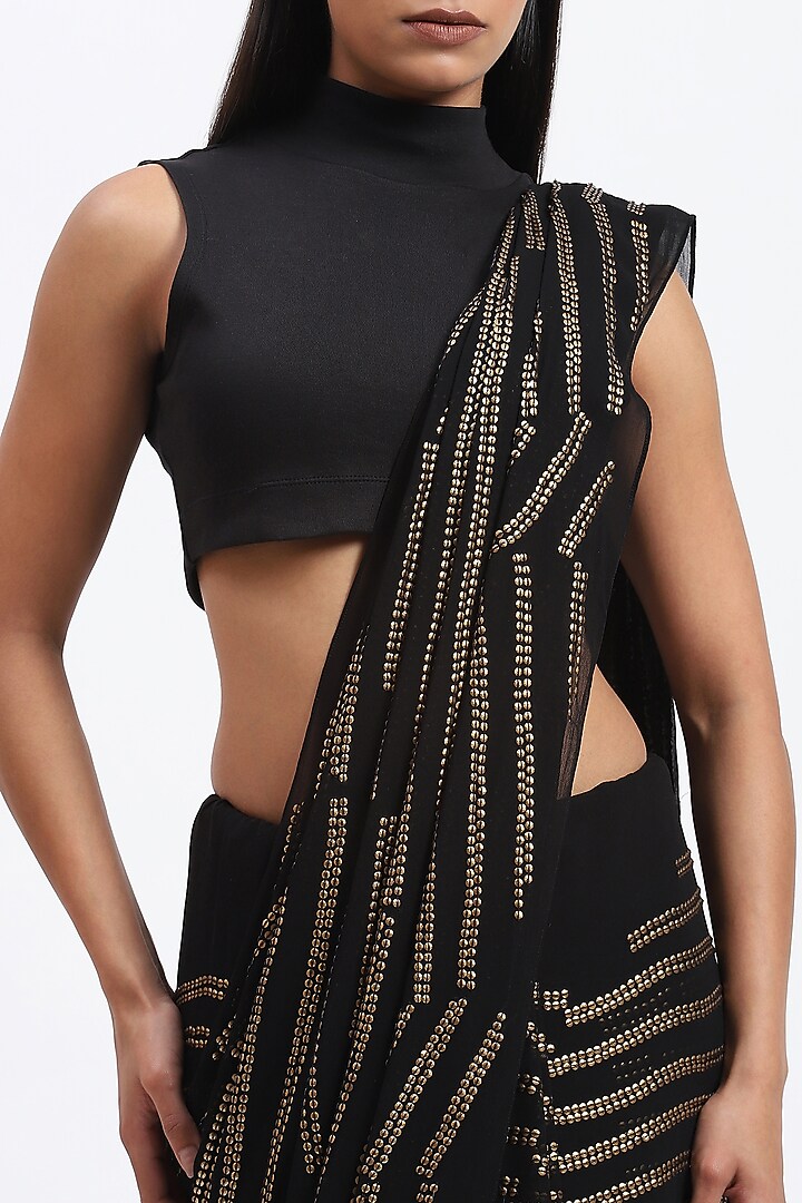 Black Georgette Metallic Sequins Embroidered Wedding Saree by Abraham & Thakore at Pernia's Pop Up Shop