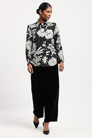 Black Georgette Floral Embroidered Shirt by Abraham & Thakore