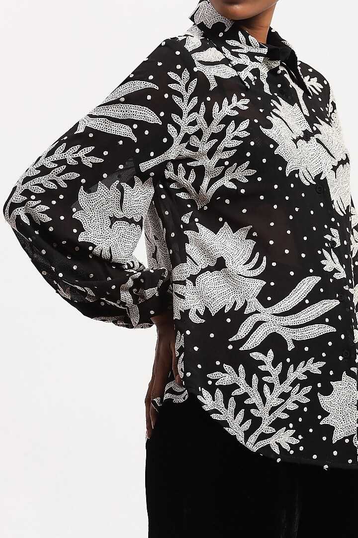 Black Georgette Floral Embroidered Shirt by Abraham & Thakore at Pernia's Pop Up Shop