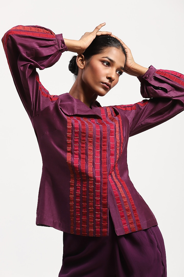Purple Chanderi Applique Tape Embroidered Shirt by Abraham & Thakore at Pernia's Pop Up Shop