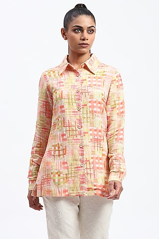 Multi-Colored Linen Blend Checkered Printed Shirt by Abraham & Thakore