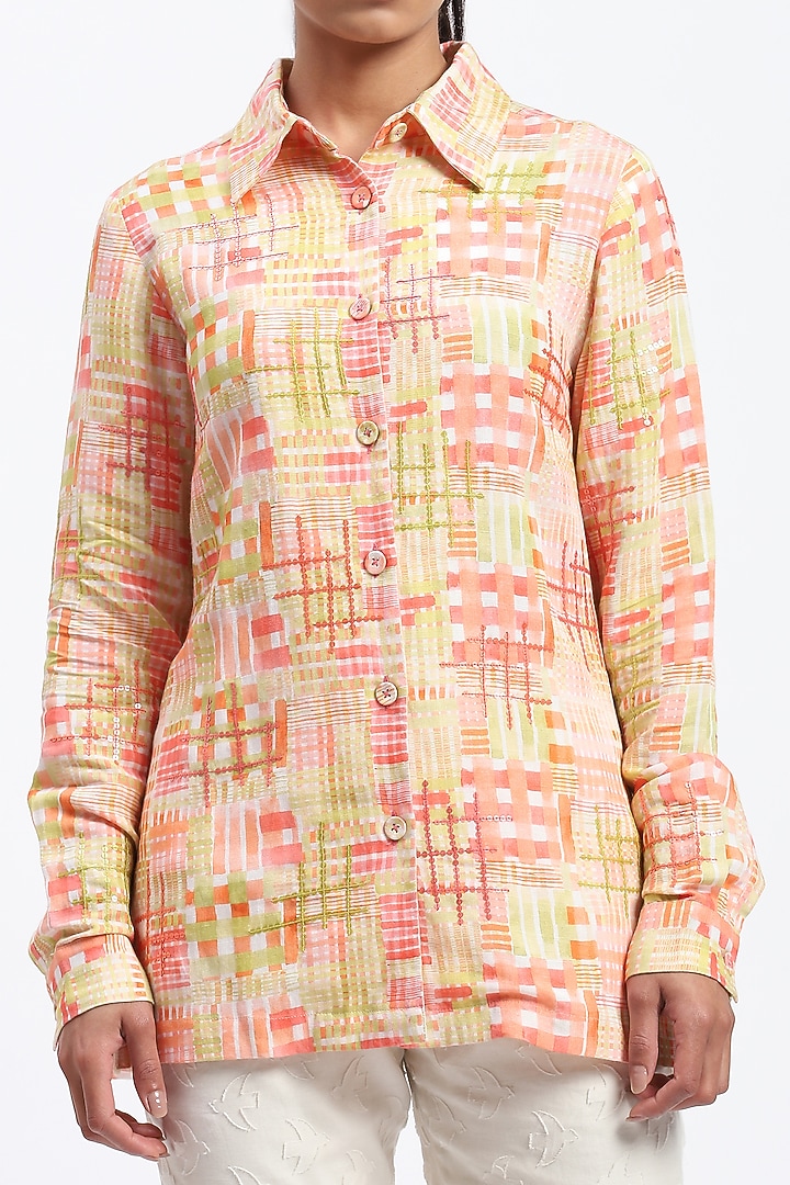 Multi-Colored Linen Blend Checkered Printed Shirt by Abraham & Thakore at Pernia's Pop Up Shop
