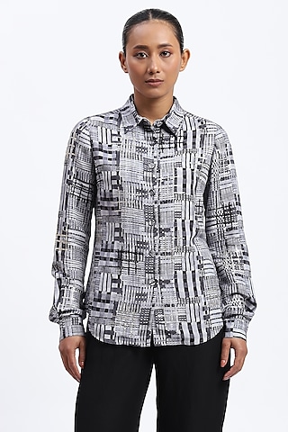 Grey Linen Blend Checkered Printed Shirt by Abraham & Thakore