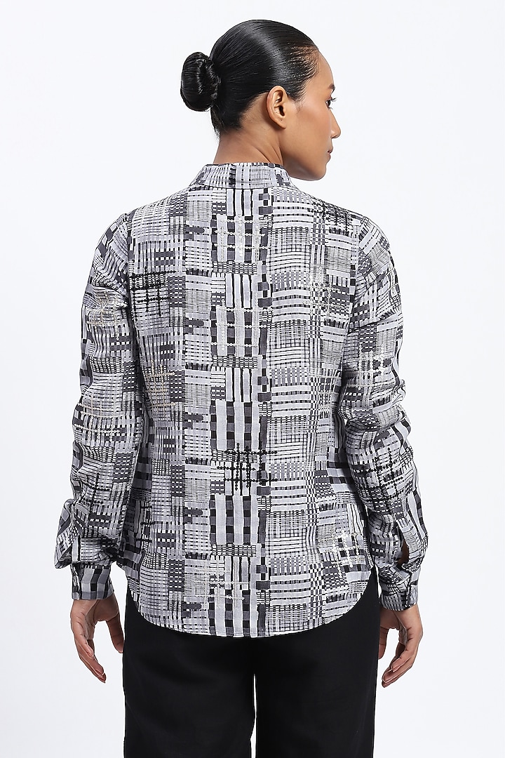 Grey Linen Blend Checkered Printed Shirt by Abraham & Thakore at Pernia's Pop Up Shop