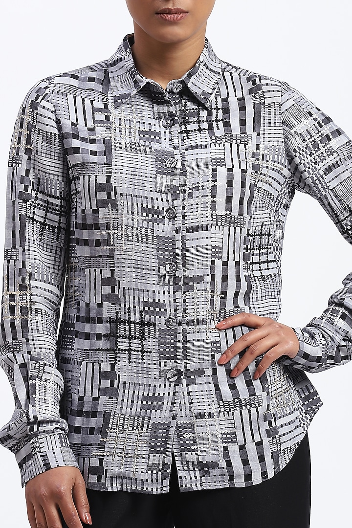 Grey Linen Blend Checkered Printed Shirt by Abraham & Thakore at Pernia's Pop Up Shop