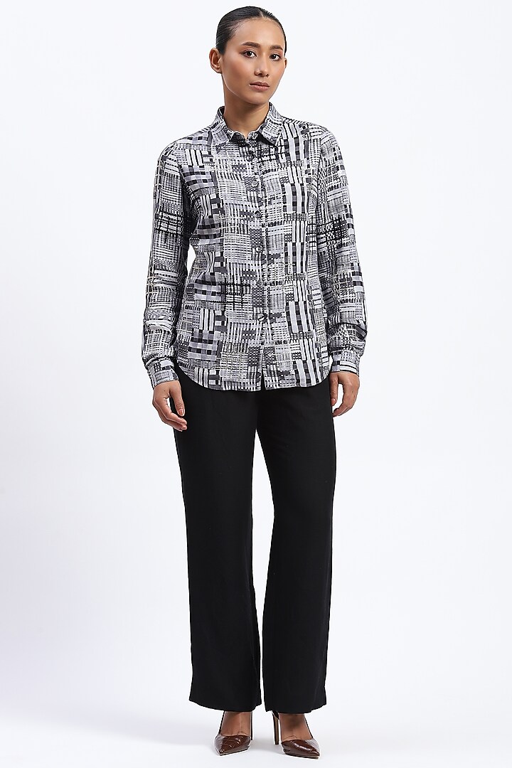Grey Linen Blend Checkered Printed Shirt by Abraham & Thakore at Pernia's Pop Up Shop