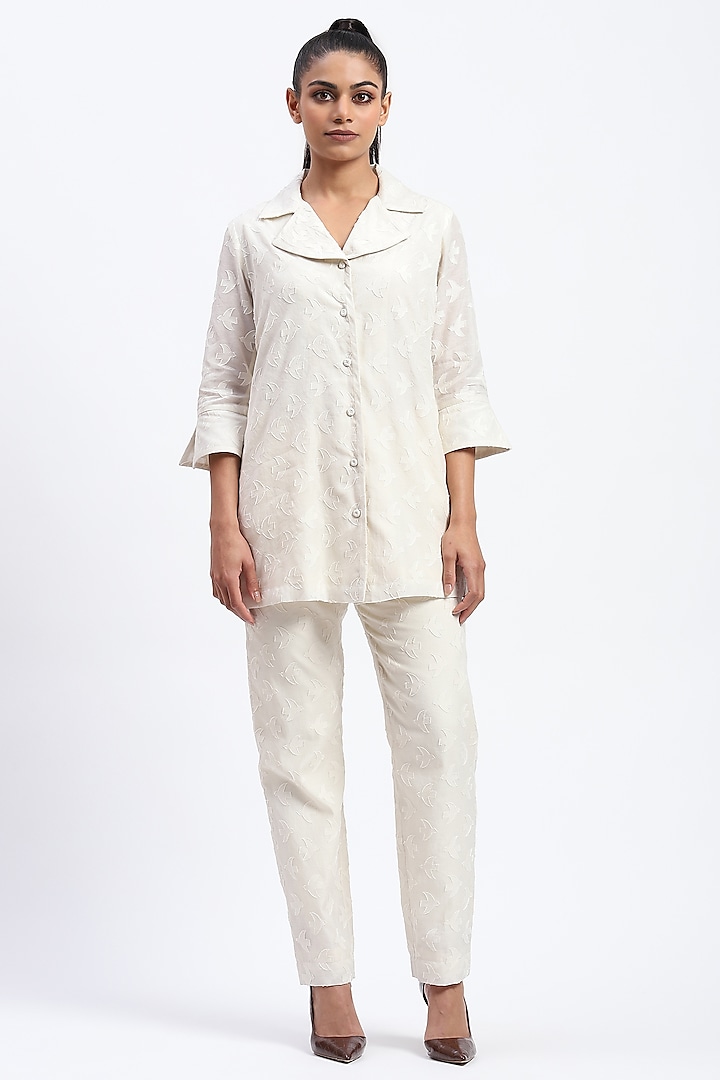 White Chanderi Cutwork Shirt by Abraham & Thakore at Pernia's Pop Up Shop