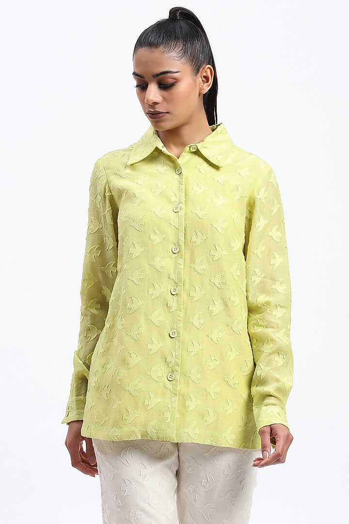 Green Chanderi Cutwork Shirt by Abraham & Thakore at Pernia's Pop Up Shop