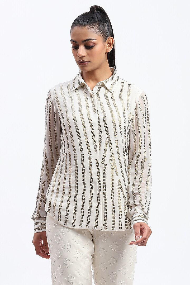 White Georgette Sequins Embroidered Shirt by Abraham & Thakore at Pernia's Pop Up Shop
