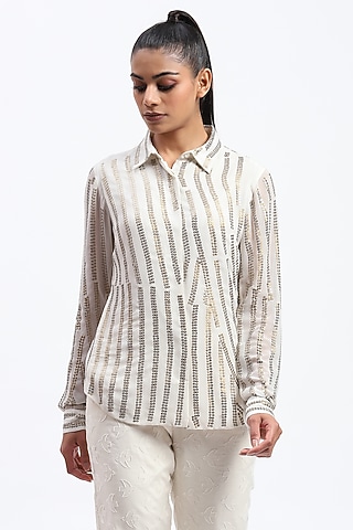 White Georgette Sequins Embroidered Shirt by Abraham & Thakore