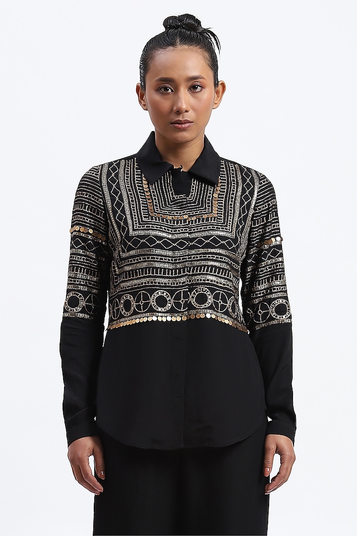 Black Crepe Metallic Sequins Embroidered Shirt by Abraham & Thakore at Pernia's Pop Up Shop