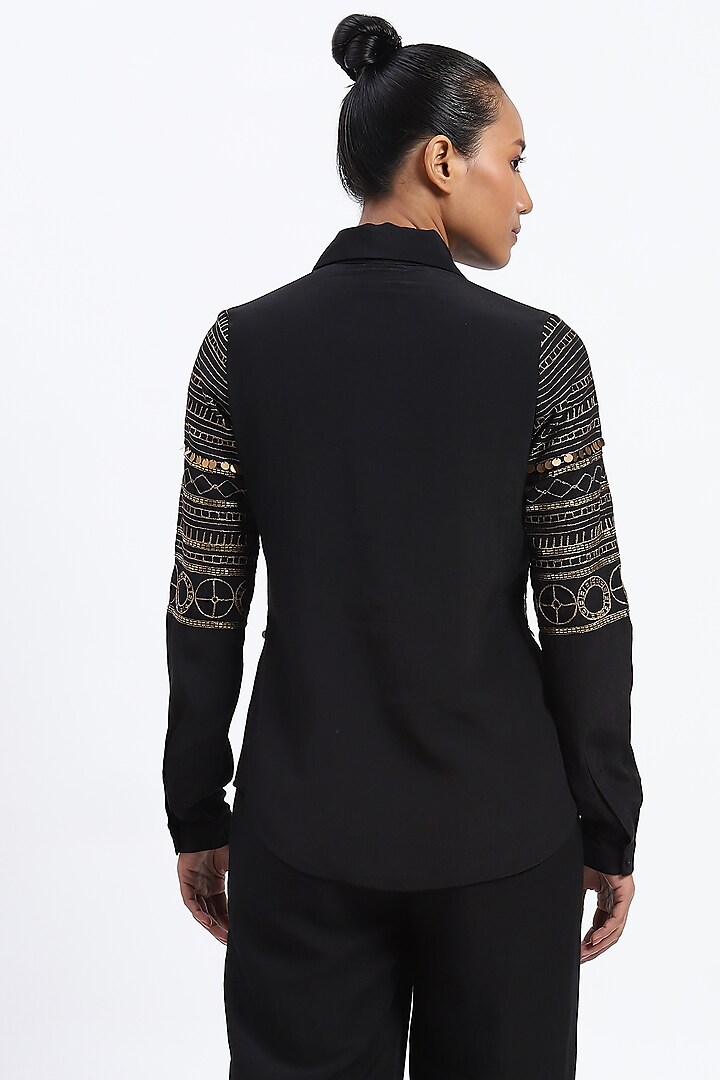 Black Crepe Metallic Sequins Embroidered Shirt by Abraham & Thakore at Pernia's Pop Up Shop