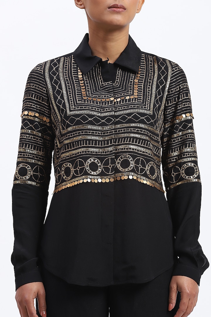 Black Crepe Metallic Sequins Embroidered Shirt by Abraham & Thakore at Pernia's Pop Up Shop