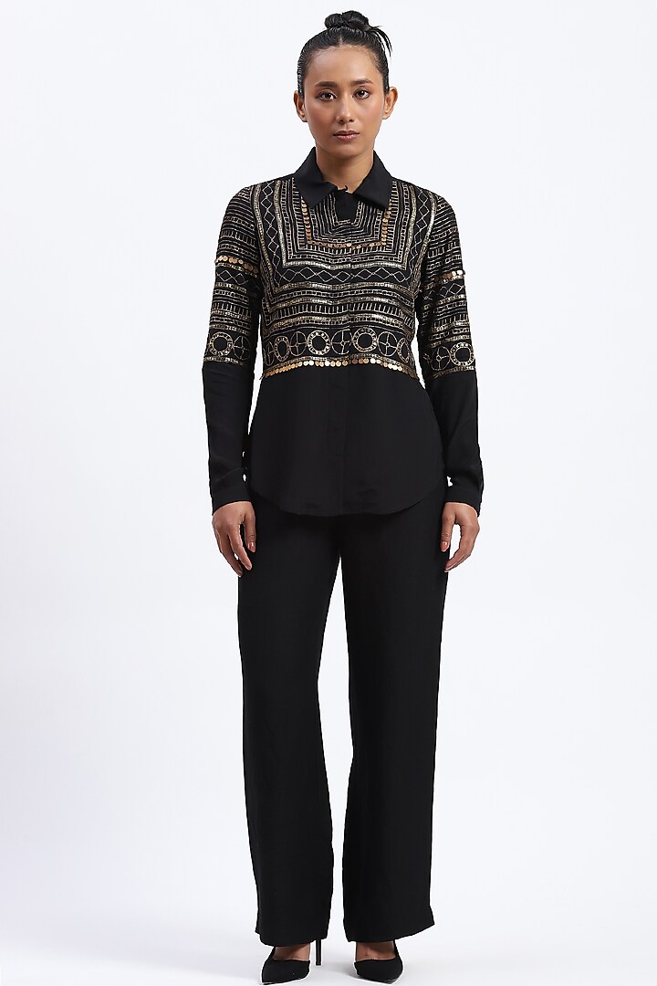 Black Crepe Metallic Sequins Embroidered Shirt by Abraham & Thakore at Pernia's Pop Up Shop