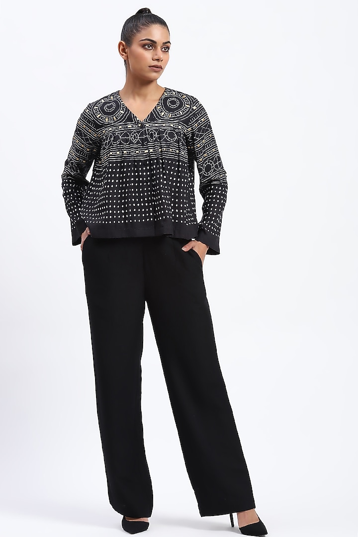Black Linen Blend Geometric Printed & Embroidered Top by Abraham & Thakore at Pernia's Pop Up Shop