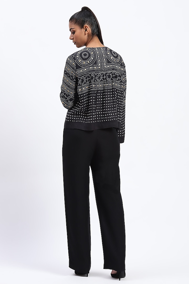Black Linen Blend Geometric Printed & Embroidered Top by Abraham & Thakore at Pernia's Pop Up Shop