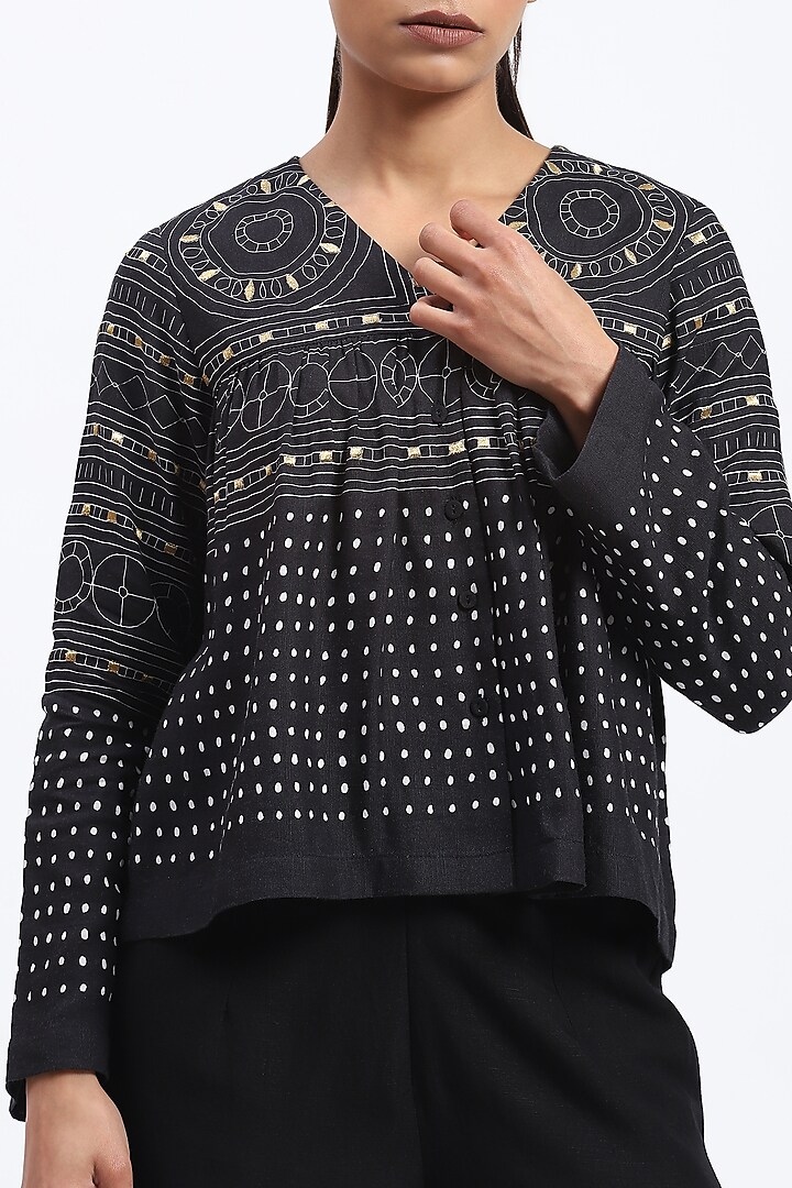 Black Linen Blend Geometric Printed & Embroidered Top by Abraham & Thakore at Pernia's Pop Up Shop