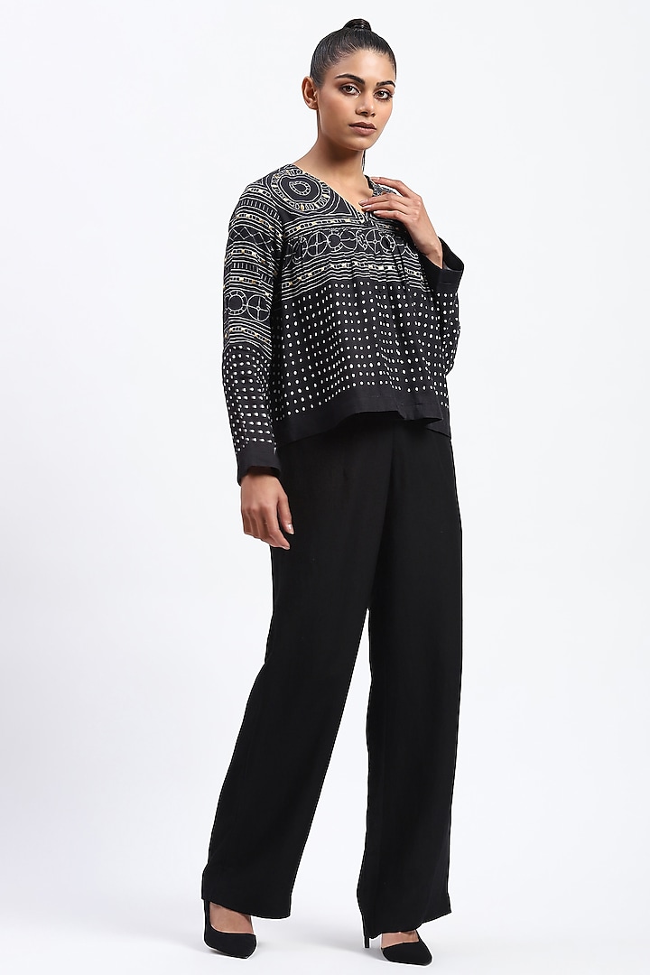 Black Linen Blend Geometric Printed & Embroidered Top by Abraham & Thakore at Pernia's Pop Up Shop