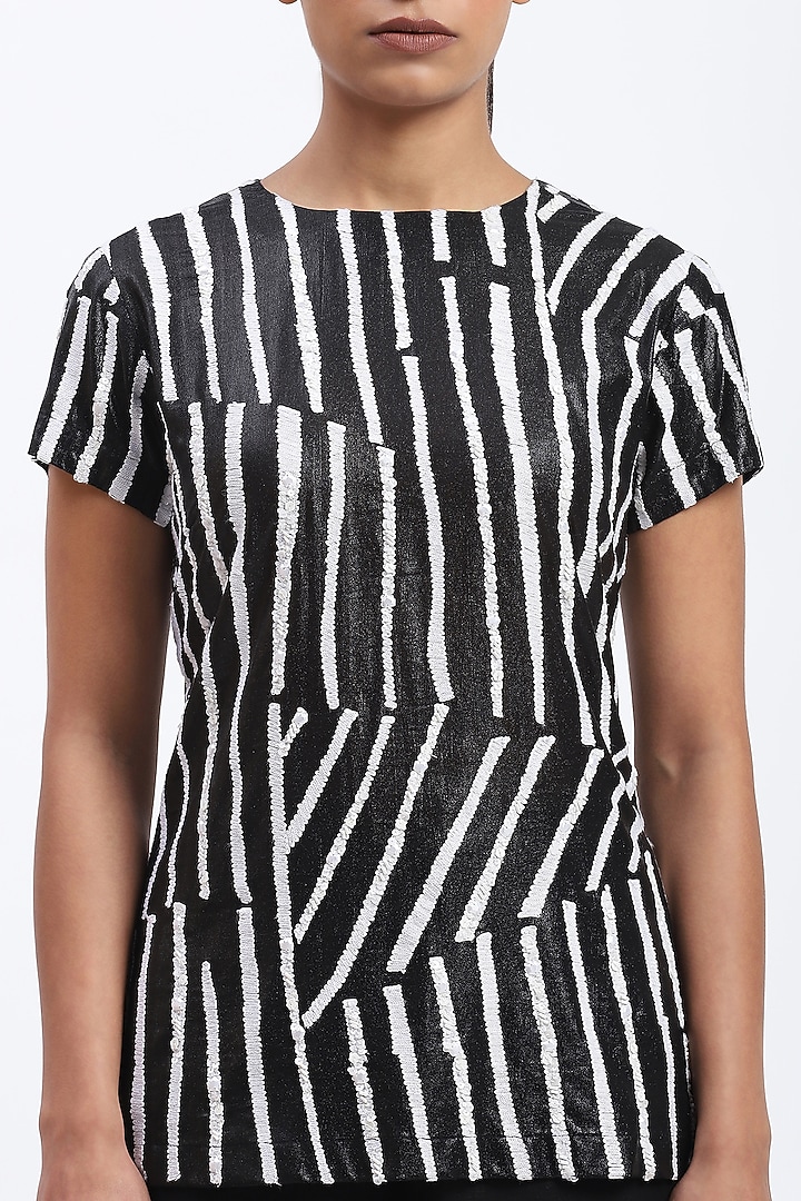 Black Georgette Stripe Top by Abraham & Thakore at Pernia's Pop Up Shop