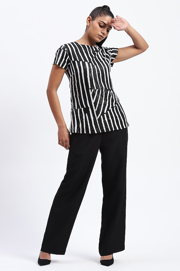 Black Georgette Stripe Top by Abraham & Thakore at Pernia's Pop Up Shop
