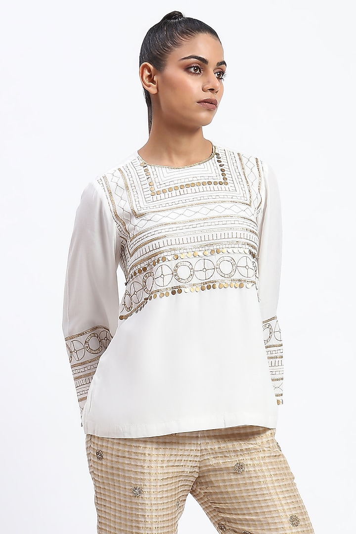 White Crepe Sequins Embroidered Top by Abraham & Thakore at Pernia's Pop Up Shop