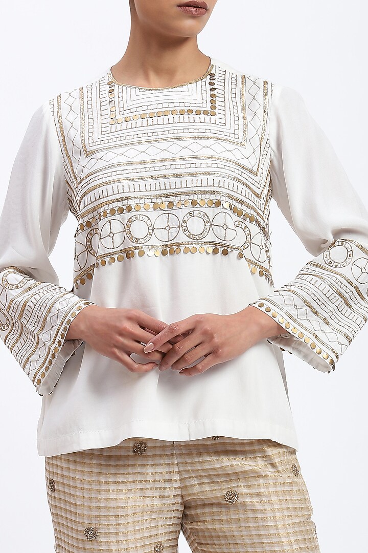 White Crepe Sequins Embroidered Top by Abraham & Thakore at Pernia's Pop Up Shop