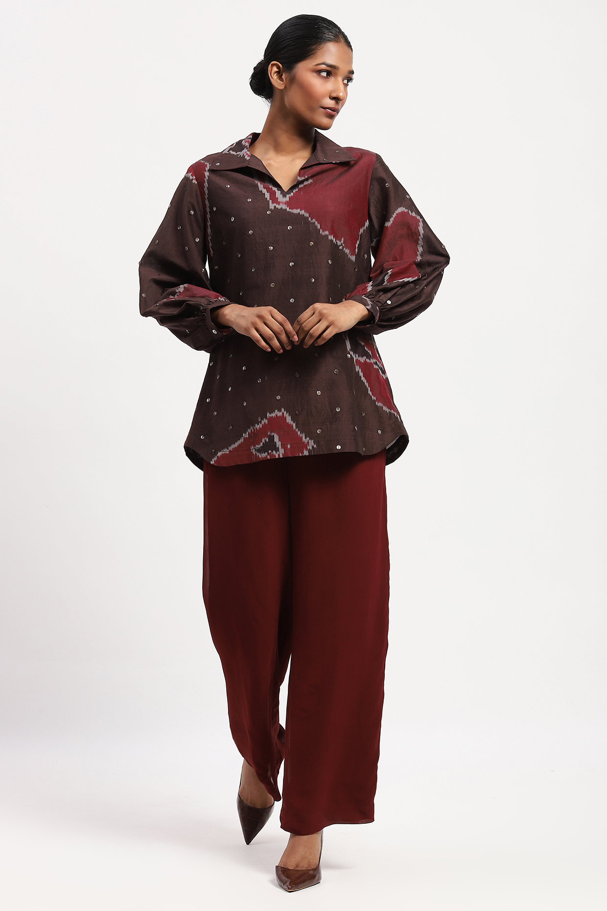 Burgundy Chanderi Geometric Pattern Top by Abraham & Thakore at Pernia's Pop Up Shop