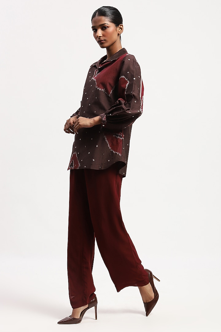 Burgundy Chanderi Geometric Pattern Top by Abraham & Thakore at Pernia's Pop Up Shop
