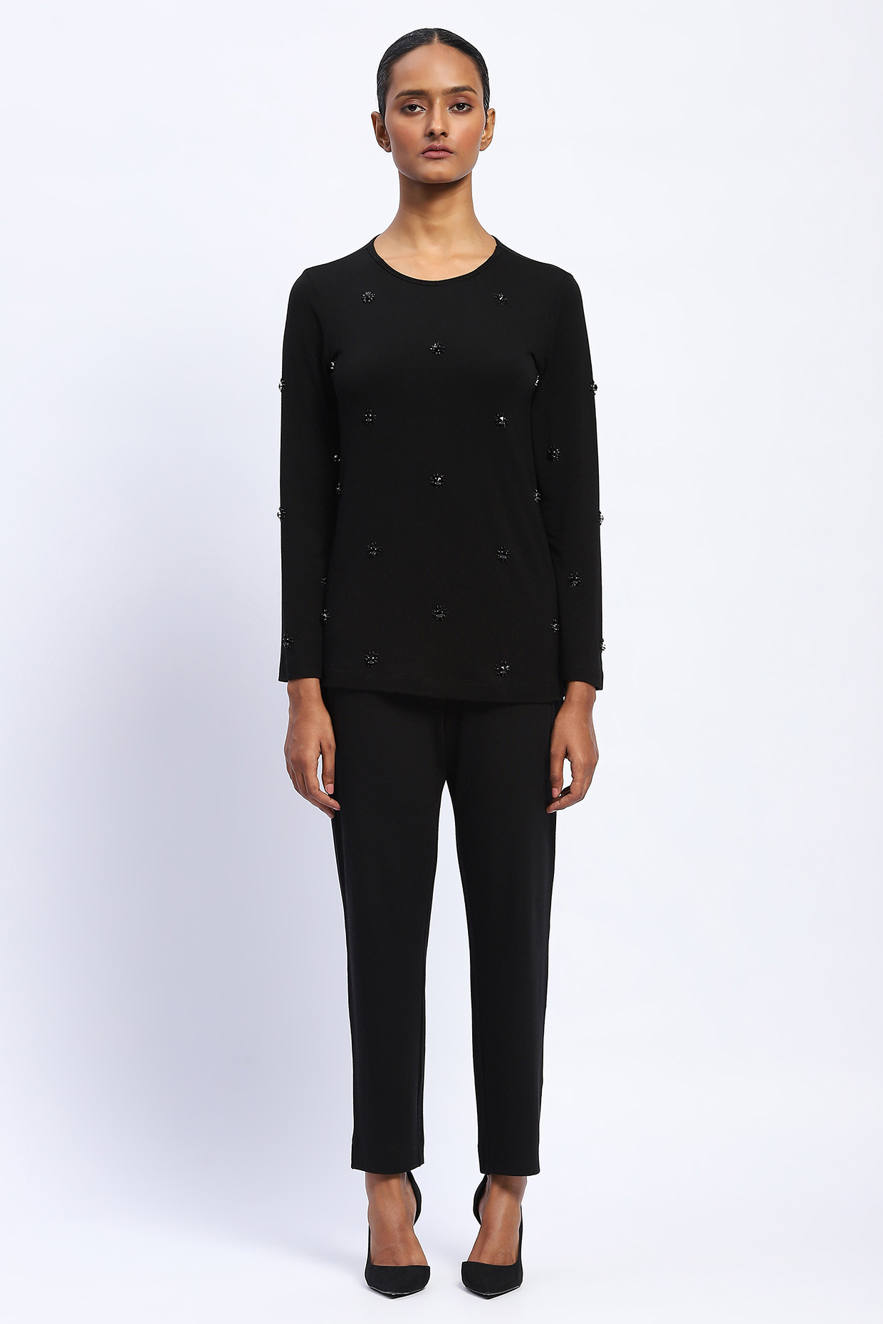 Black Viscose Lycra Knit Stone Embellished Top by Abraham & Thakore at Pernia's Pop Up Shop