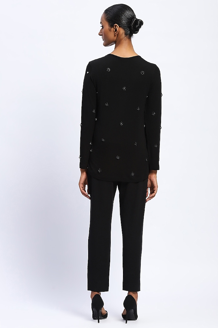 Black Viscose Lycra Knit Stone Embellished Top by Abraham & Thakore at Pernia's Pop Up Shop