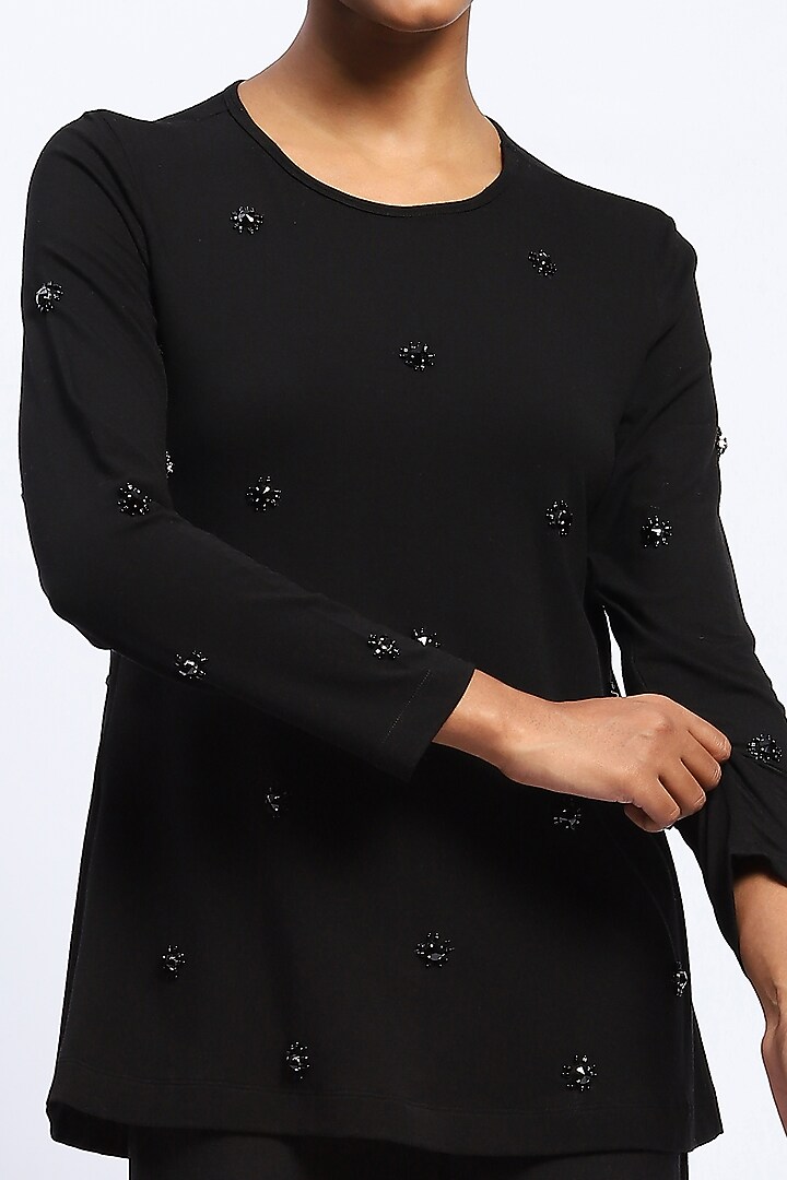Black Viscose Lycra Knit Stone Embellished Top by Abraham & Thakore at Pernia's Pop Up Shop