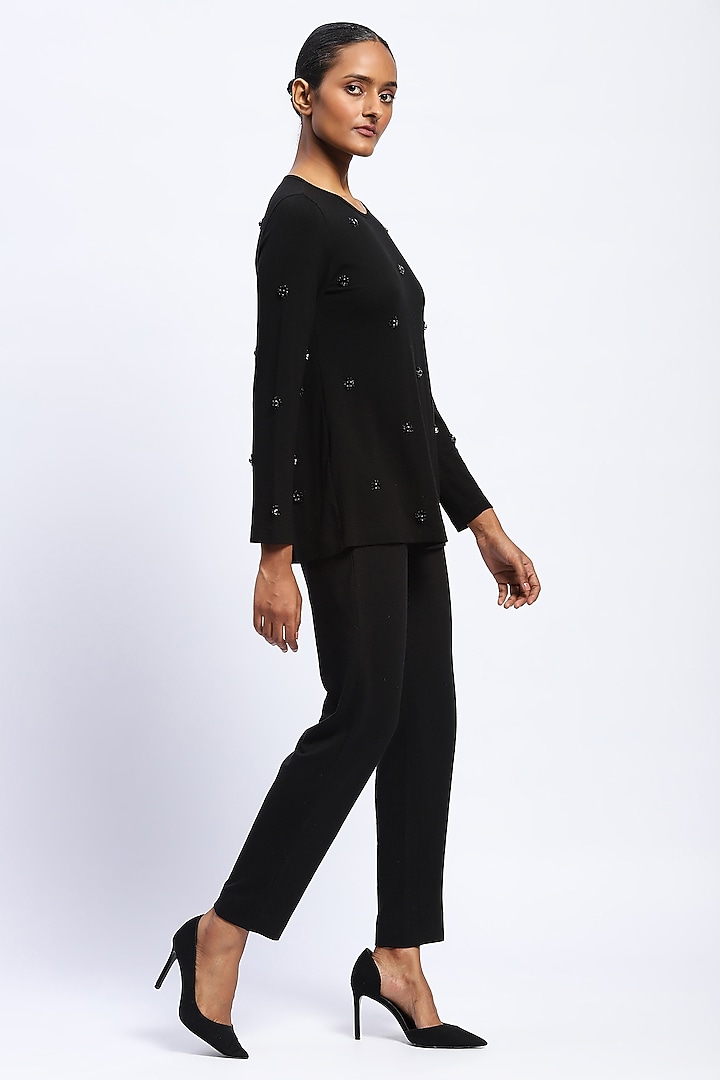 Black Viscose Lycra Knit Stone Embellished Top by Abraham & Thakore at Pernia's Pop Up Shop