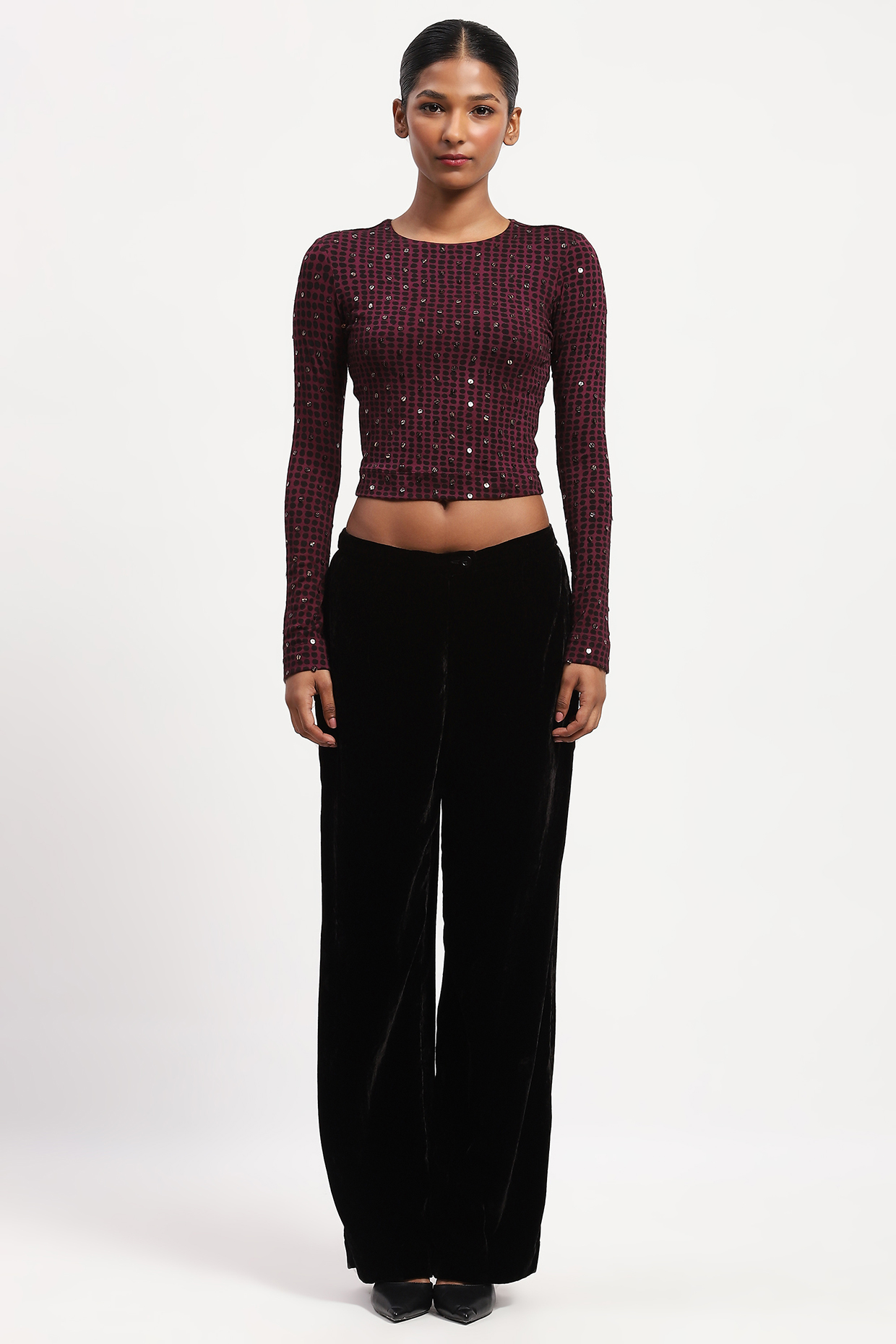 Purple Viscose Lycra Knit Dot Printed & Stone Embellished Top by Abraham & Thakore at Pernia's Pop Up Shop