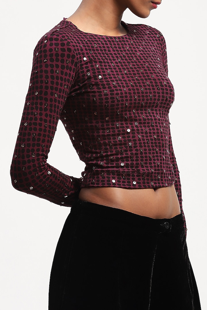Purple Viscose Lycra Knit Dot Printed & Stone Embellished Top by Abraham & Thakore at Pernia's Pop Up Shop