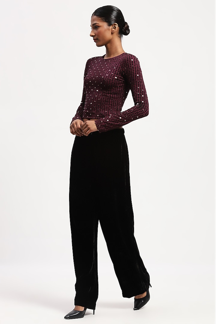 Purple Viscose Lycra Knit Dot Printed & Stone Embellished Top by Abraham & Thakore at Pernia's Pop Up Shop