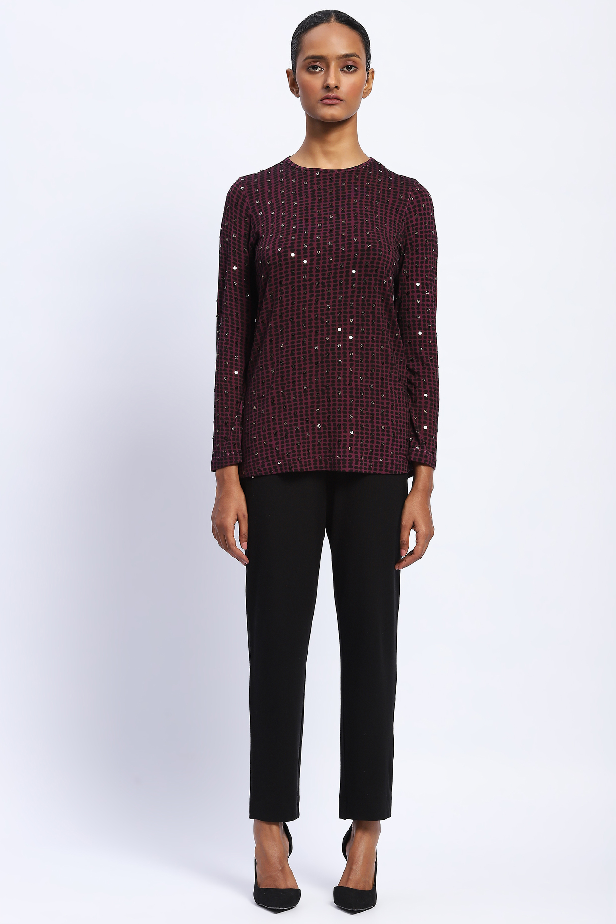 Purple Viscose Lycra Knit Dot Printed & Stone Embellished Top by Abraham & Thakore at Pernia's Pop Up Shop
