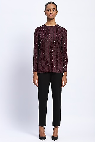 Purple Viscose Lycra Knit Dot Printed & Stone Embellished Top by Abraham & Thakore