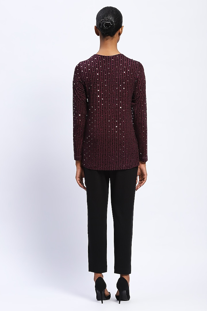 Purple Viscose Lycra Knit Dot Printed & Stone Embellished Top by Abraham & Thakore at Pernia's Pop Up Shop