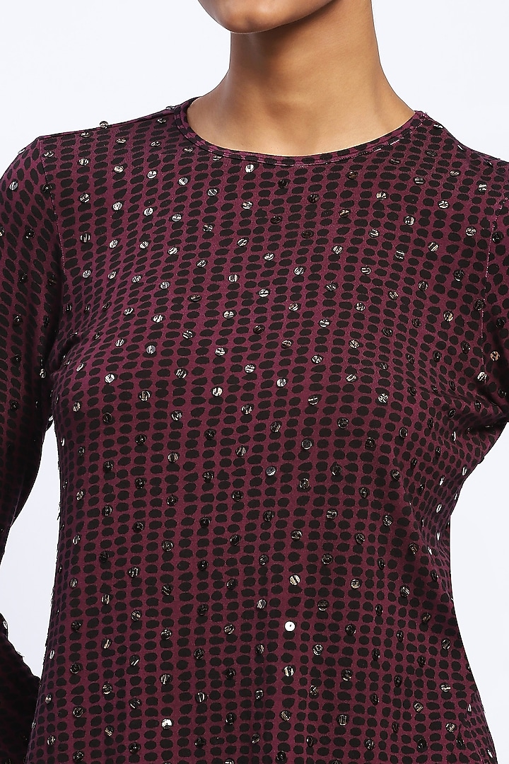 Purple Viscose Lycra Knit Dot Printed & Stone Embellished Top by Abraham & Thakore at Pernia's Pop Up Shop