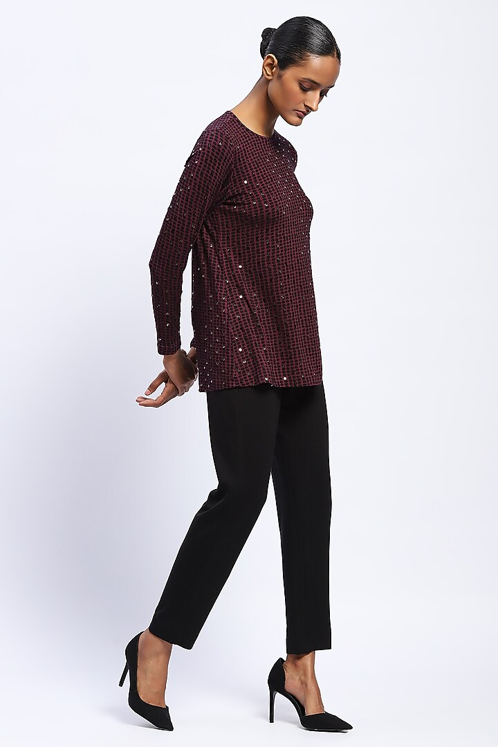 Purple Viscose Lycra Knit Dot Printed & Stone Embellished Top by Abraham & Thakore at Pernia's Pop Up Shop