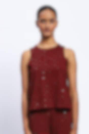 Burgundy Viscose Lycra Knit Dot Printed & Stone Embellished Top by Abraham & Thakore at Pernia's Pop Up Shop