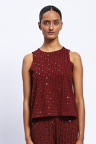 Burgundy Viscose Lycra Knit Dot Printed & Stone Embellished Top by Abraham & Thakore