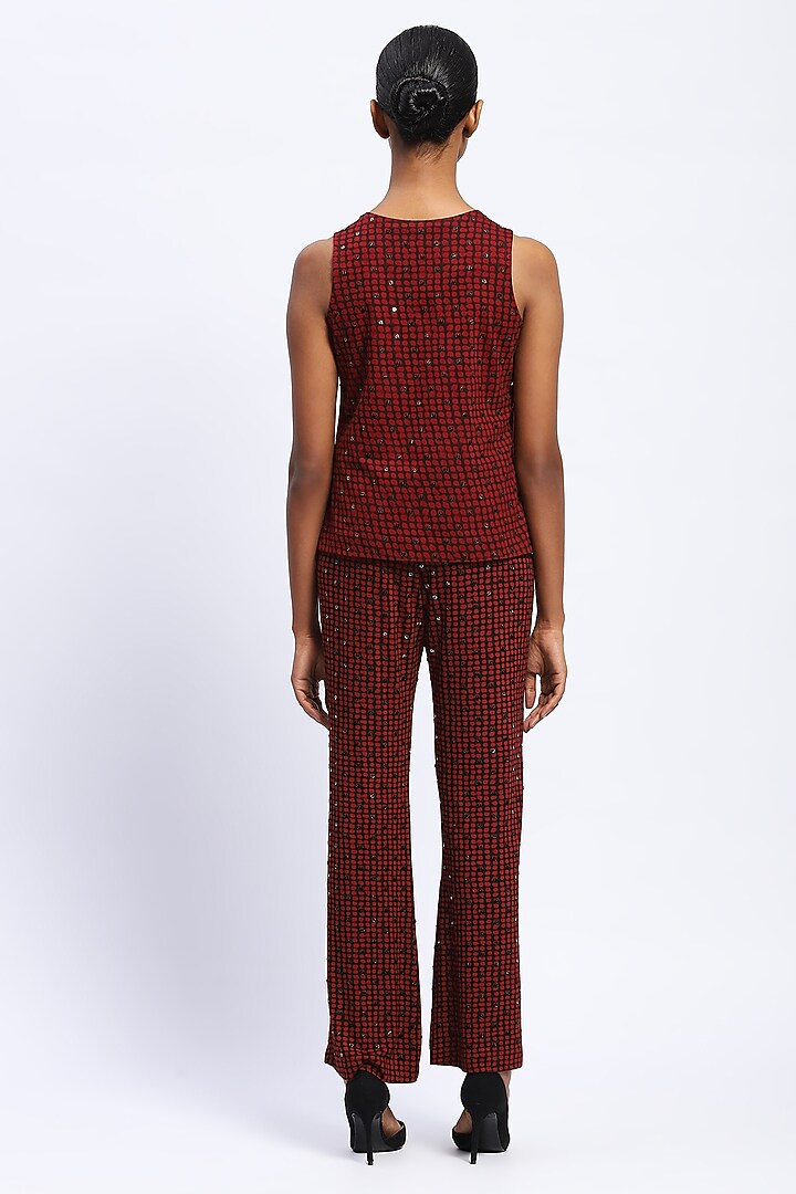 Burgundy Viscose Lycra Knit Dot Printed & Stone Embellished Top by Abraham & Thakore at Pernia's Pop Up Shop