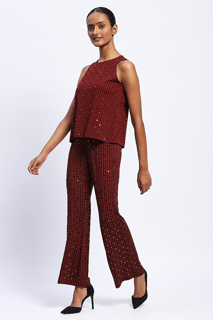 Burgundy Viscose Lycra Knit Dot Printed & Stone Embellished Top by Abraham & Thakore at Pernia's Pop Up Shop