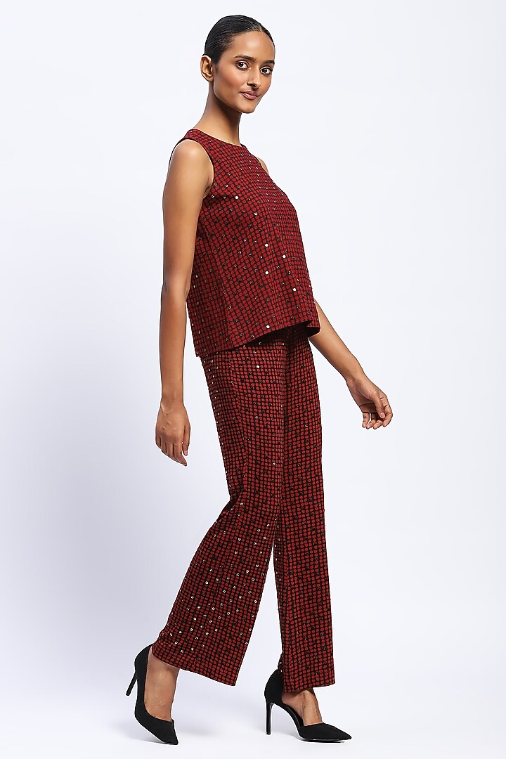 Burgundy Viscose Lycra Knit Dot Printed & Stone Embellished Top by Abraham & Thakore at Pernia's Pop Up Shop