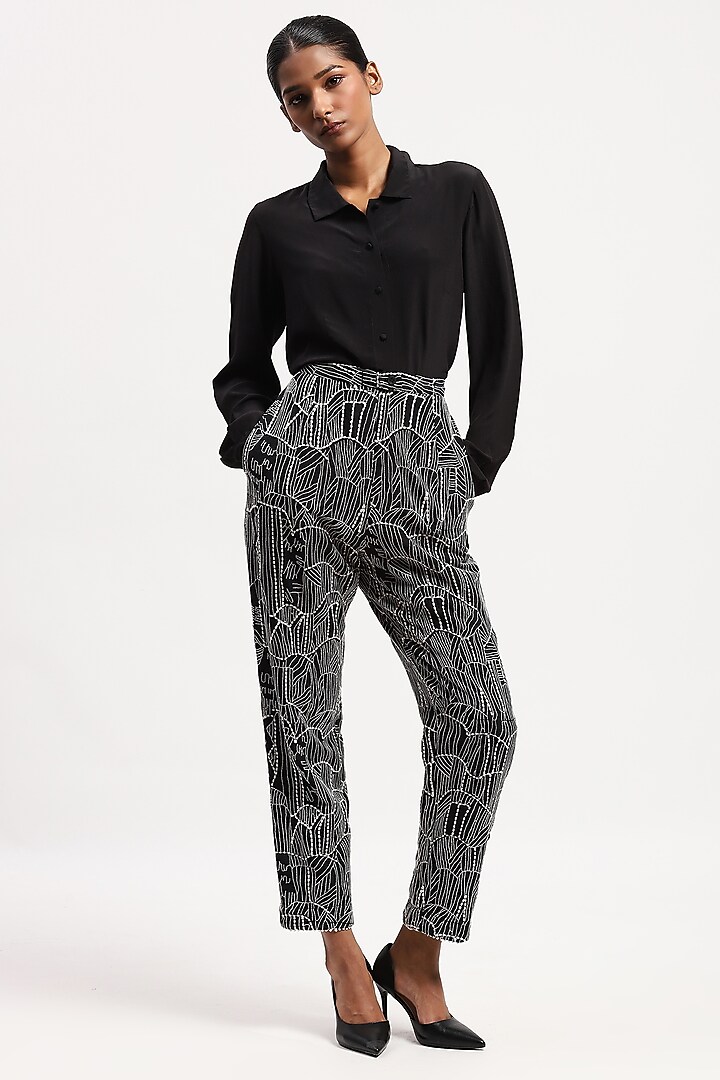Black Chanderi Tribal Embroidered Trousers by Abraham & Thakore at Pernia's Pop Up Shop