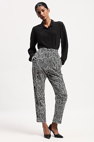 Black Chanderi Tribal Embroidered Trousers by Abraham & Thakore